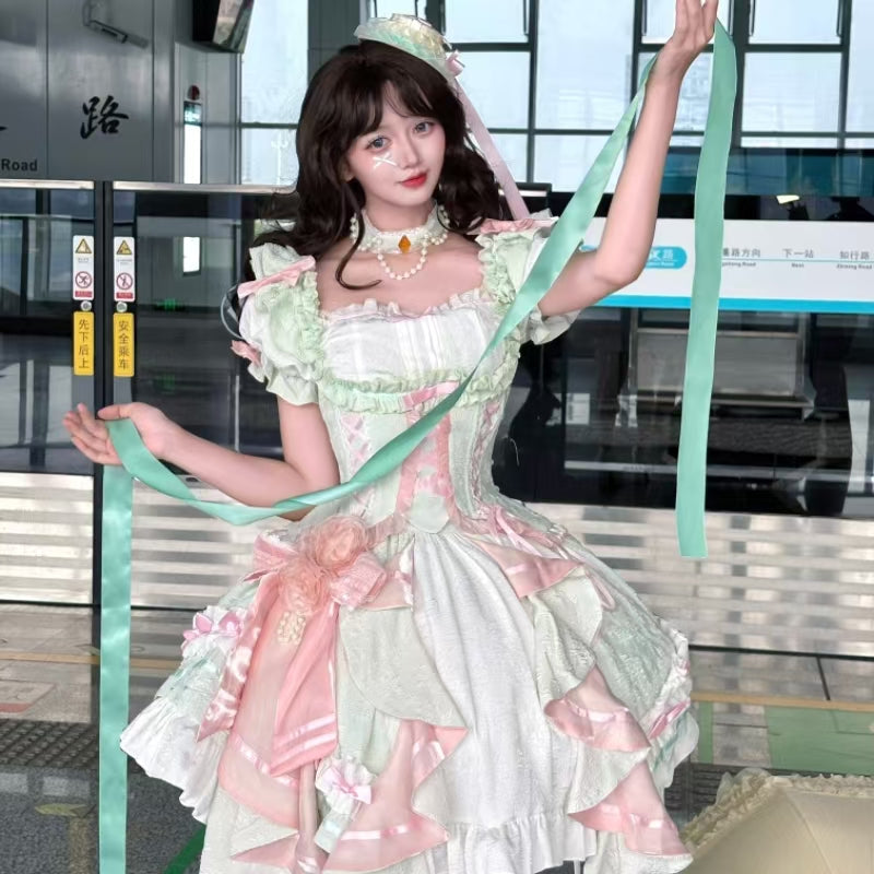 Spring Overture Square Collar Short Sleeves Ruffle Cardigan Bowknot Lace Sweet Elegant Lolita Skirt Set 4 Colors
