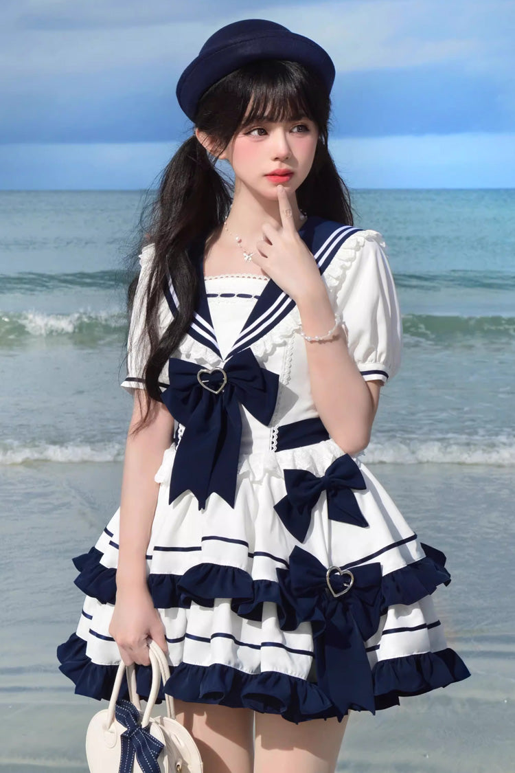 Dark Blue Navy Style Short Sleeves Double Layer Ruffle Bowknot Lace Sweet Lolita Dress