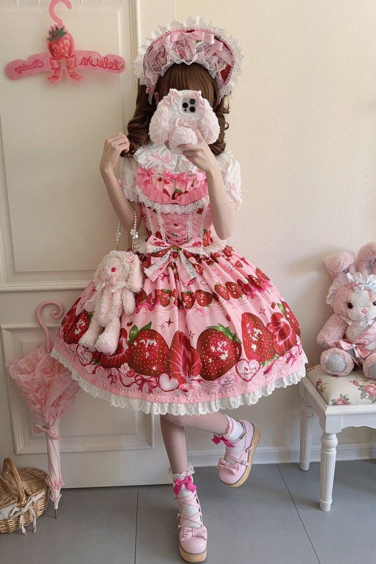 Sweet Berry Tale Strawberry Print Ruffle Bowknot Lace Sweet Lolita Jsk Dress 4 Colors