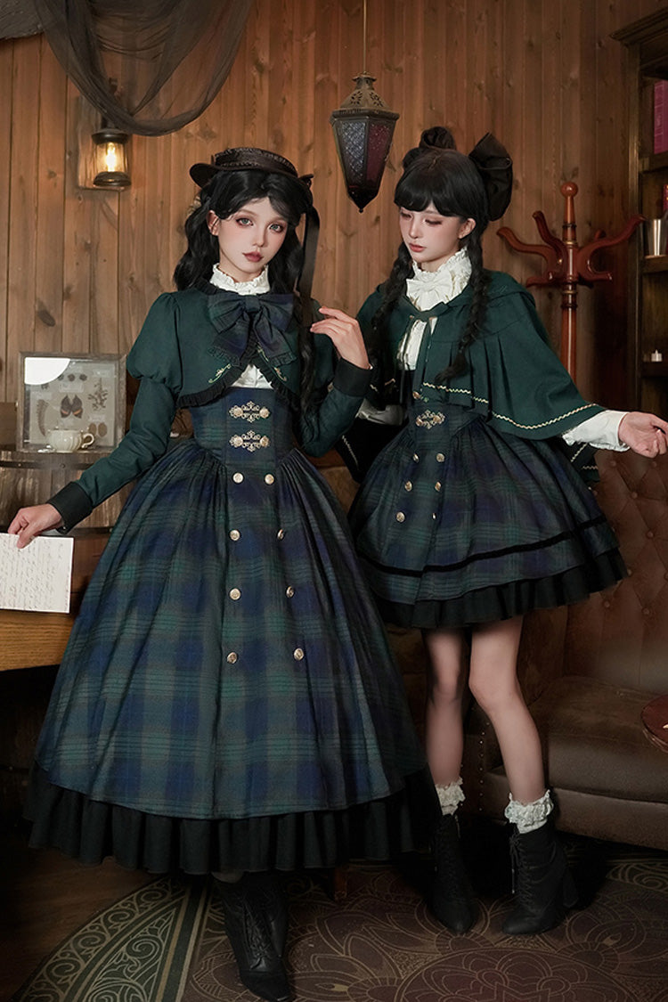 Blue/Green Berlin's letter Double-Layered Plaid Print Ruffle Bowknot Classic College Style Lolita Strap Dress Set 2 Versions
