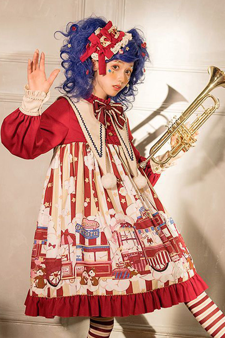 Red Lapel Collar Bowknot Lantern Long Sleeved Popcorn Print Sweet Lolita OP Dress