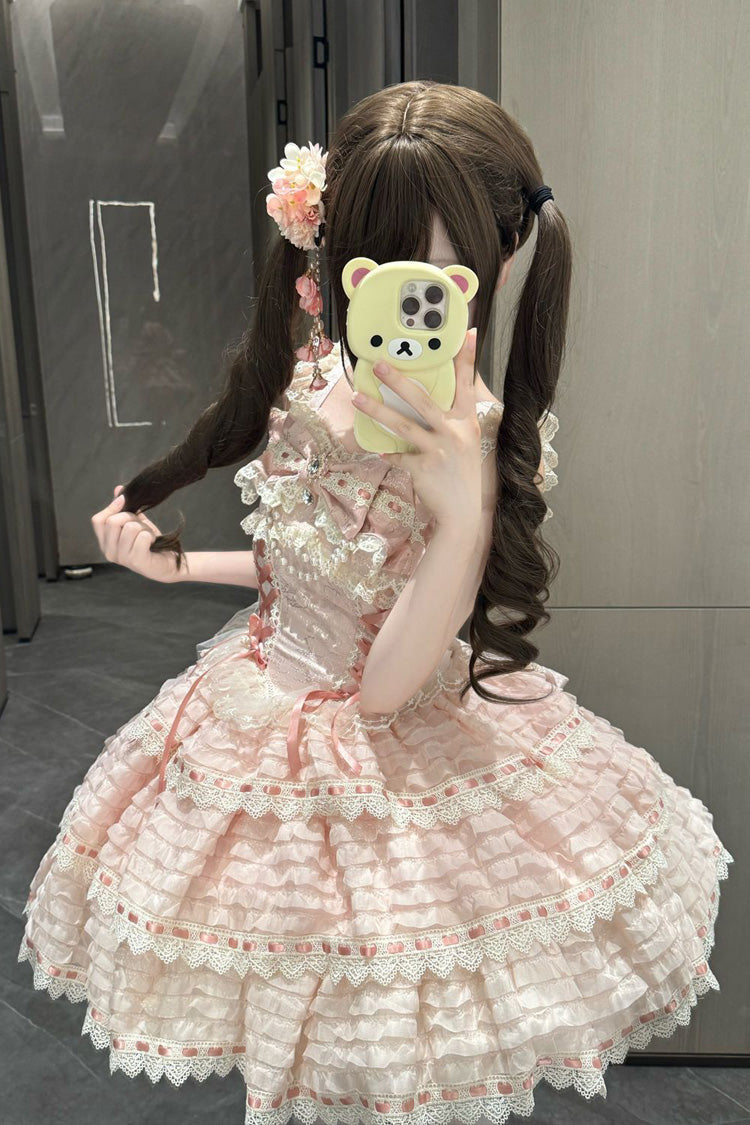 Pink Song of Floral Letters Sleeveless Triple-Layered Bowknot Lace-Up Sweet Lolita Jsk Dress