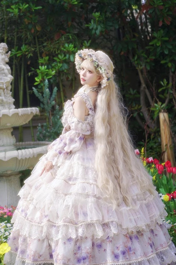 Blue Rose Letter Off Shoulder Triple-Layered Print Ruffle Hanayome Sweet Princess Lolita Dress