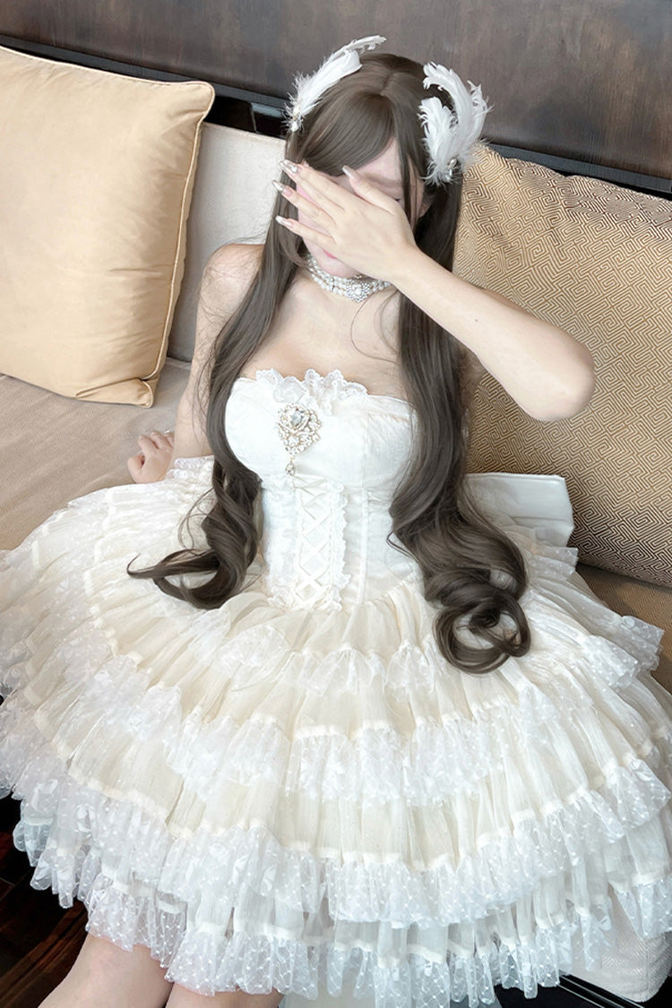 Beige Heartbeat at First Sight Off Shoulder Sleeveless Multi-Layered Ruffle Bowknot Lace Lace-Up Sweet Princess Gorgeous Lolita Dress