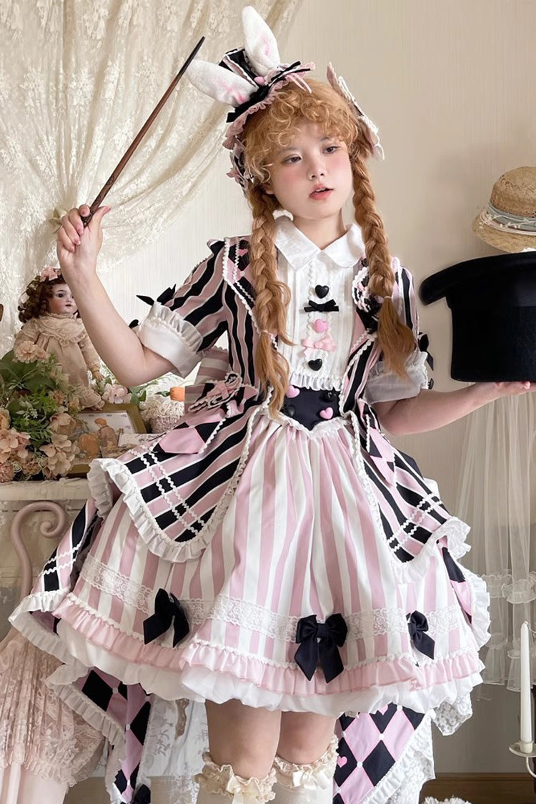 Black/Pink Short Sleeves Weird Theater Print Ruffle Bowknot Sweet Lolita Dress