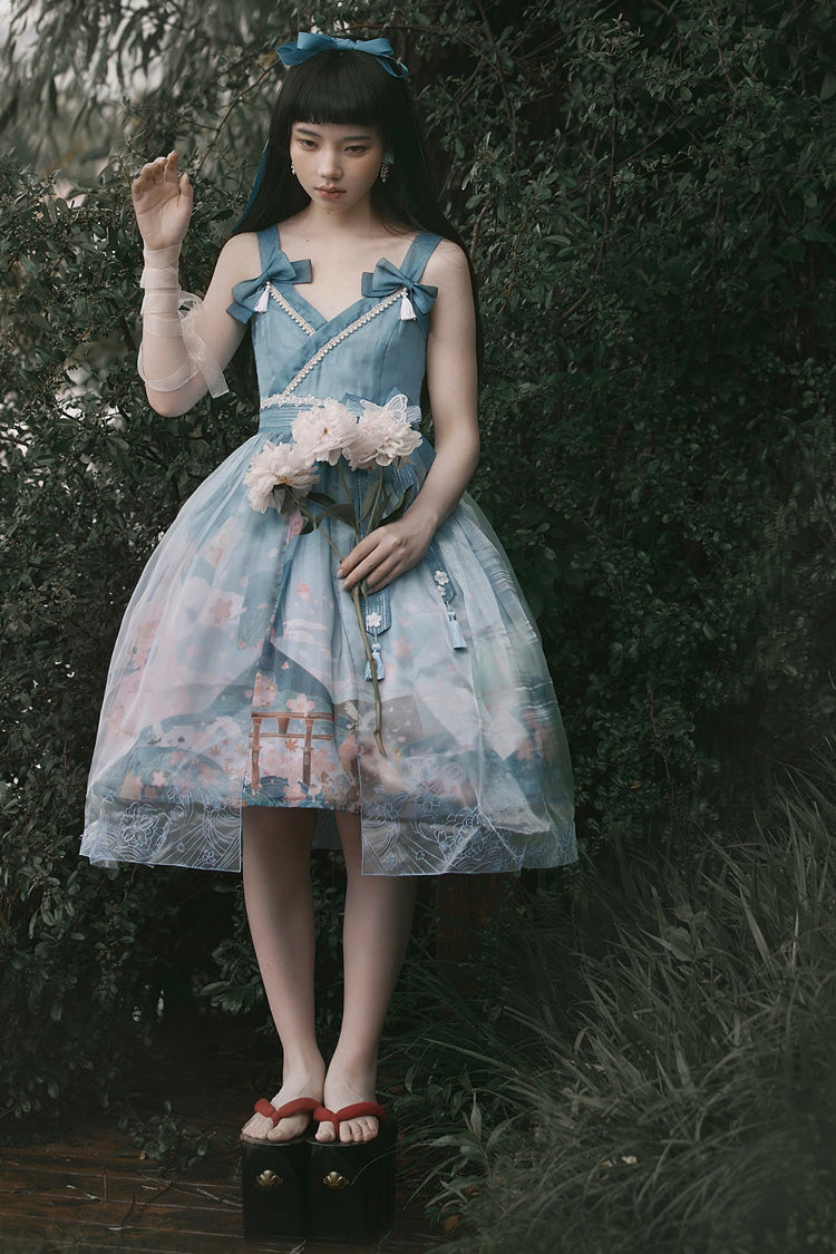 Multi-Color Mount Fuji Cherry Blossom Season Print Bowknot Alice Sweet Lolita JSK Dress