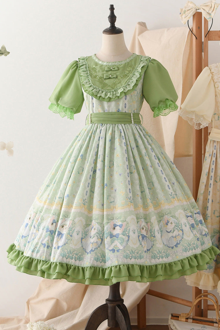 Green Lily of the Valley Cat Print Ruffle Embroidery Bowknot Sweet Lolita Dress