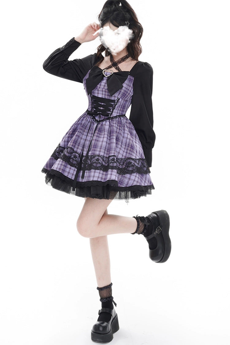 Purple Witch Time Long Sleeves Plaid Print Bowknot Lace Sweet Lolita Dress