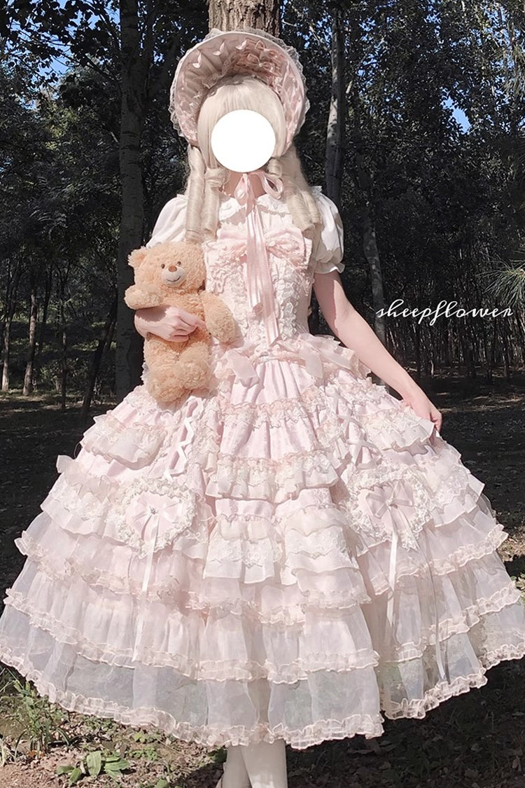 Pink Sweetheart Diary Multi-Layered Ruffle Hanayome Embroidery Bowknot Lace Sweet Lolita Jsk Dress