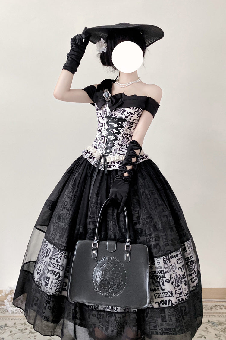 Black Pin-Up Girl Boat Neck Printed Ruffled Bow Lace-Up Asymmetric Gothic Elegant Lolita Skirt Set