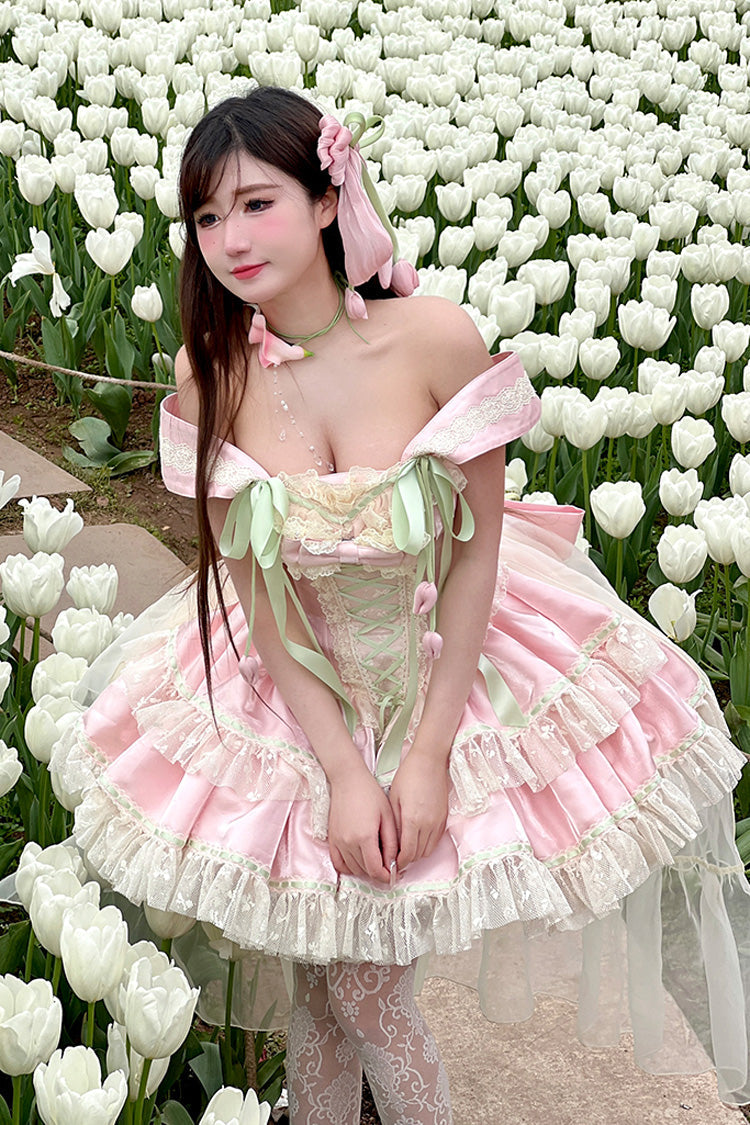 Pink Tulip Love Song Boat Neck Double-Layered Ruffle Bowknot Lace Lace-Up Romantic Sweet Princess Lolita Dress