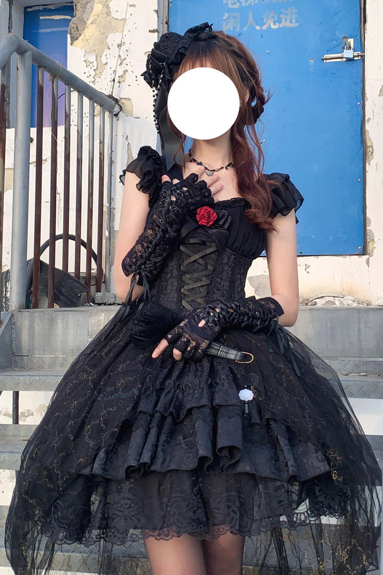 Black Short Sleeves Ruffle Rose Bowknot Elegant Princess Gothic Lolita Tiered Dress