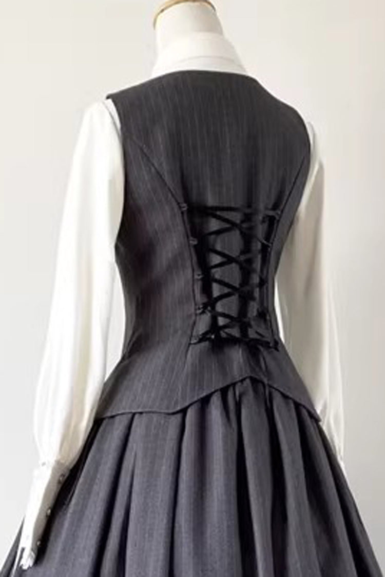 Grey Griffin's Pact Striped Printed Ruffled Gothic Lolita Skirt Vest Set
