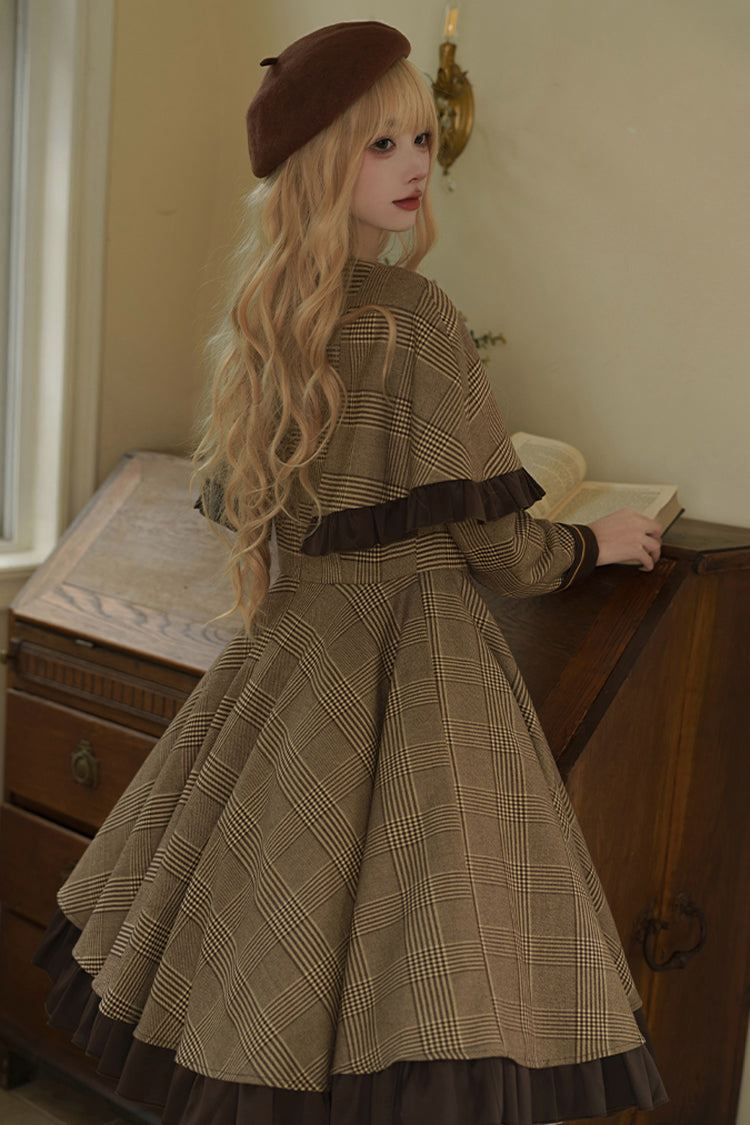Brown Baker Street Stories Stripe Print Ruffle Fake Two Pieces British College Style Classic Lolita Dress