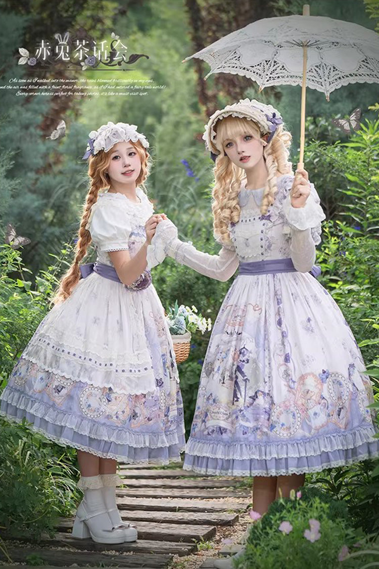 Purple Red Hare Tea Party Lapel Collar Long Sleeves Printed Ruffled Lace Chiffon Sweet Elegant Lolita Dress