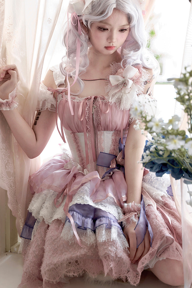Pink/Purple Rose Memoirs Sleeveless Multi-Layered Bowknot Lace Sweet Lolita Skirt Set