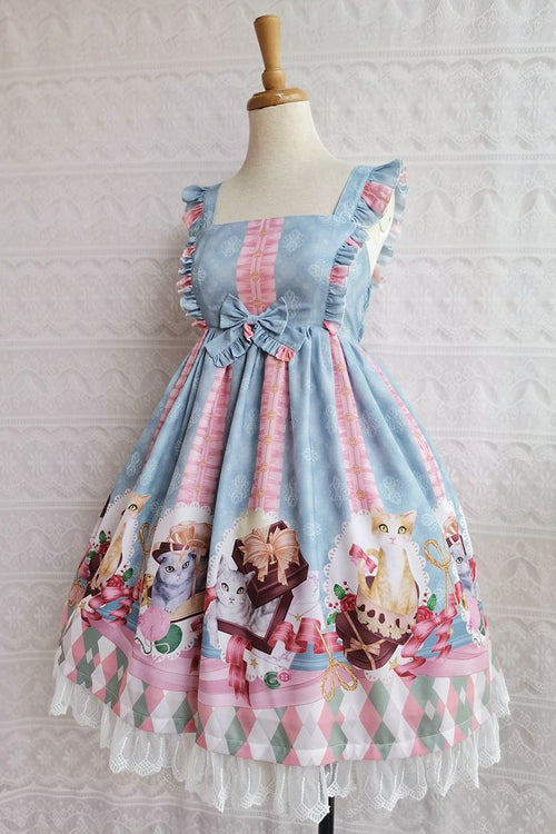 Chocolate Cat Print Ruffled High Waisted Sweet Lolita JSK Dress