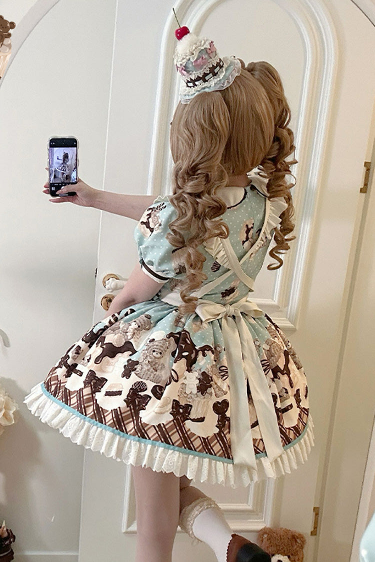 Brown Peppermint Chocolate Chocolate Cake Bear Print Ruffle Bowknot Lace-Up Sweet Lolita Dress