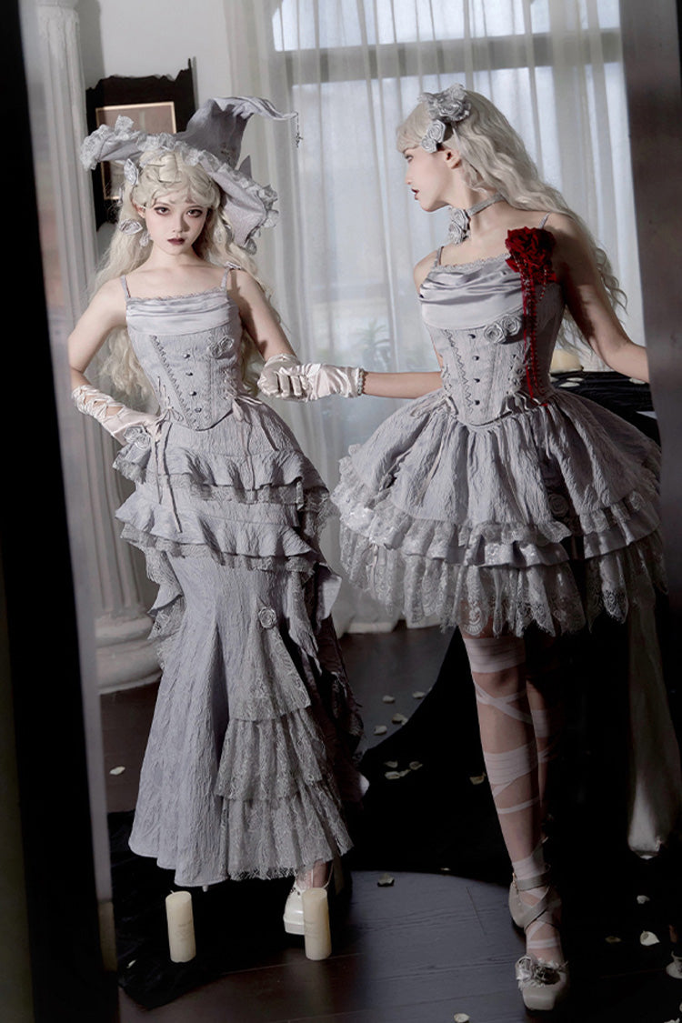 Silver Grey Twilight Ruffle Lace Irregular Gothic Witch Lolita Fishtail Skirt Set
