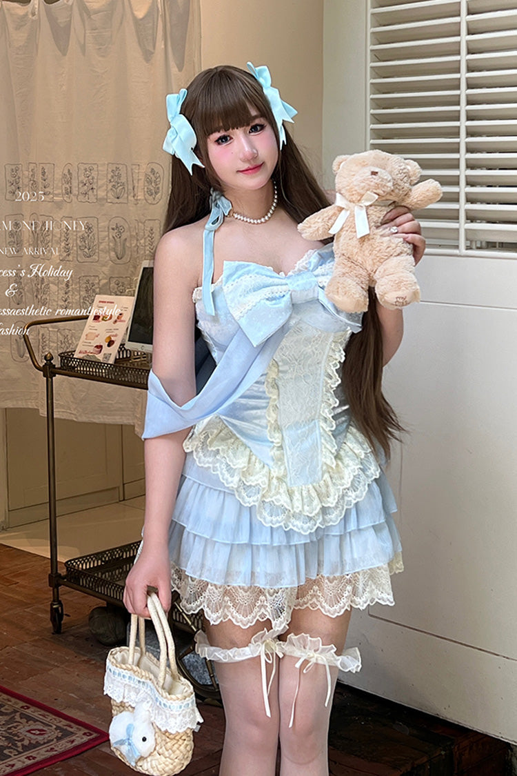 Blue Antique Girl Sleeveless Double-Layered Ruffle Bowknot Lace Sweet Lolita Two-piece Skirt Set
