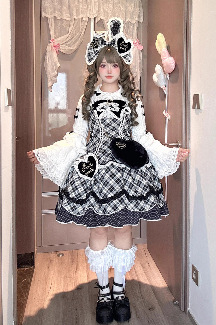 Black/White Shibuya Sweetheart Sleeveless Plaid Print Ruffle Bowknot Sweet Lolita Jsk Dress (Plus Size Support)