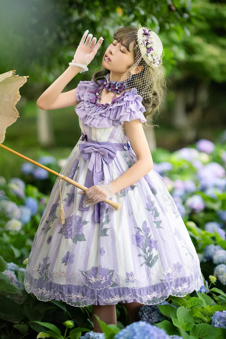 Purple Endless Summer Round Collar Sleeveless Hime Sleeves Printed Ruffled Bow Lace Sweet Lolita Dress