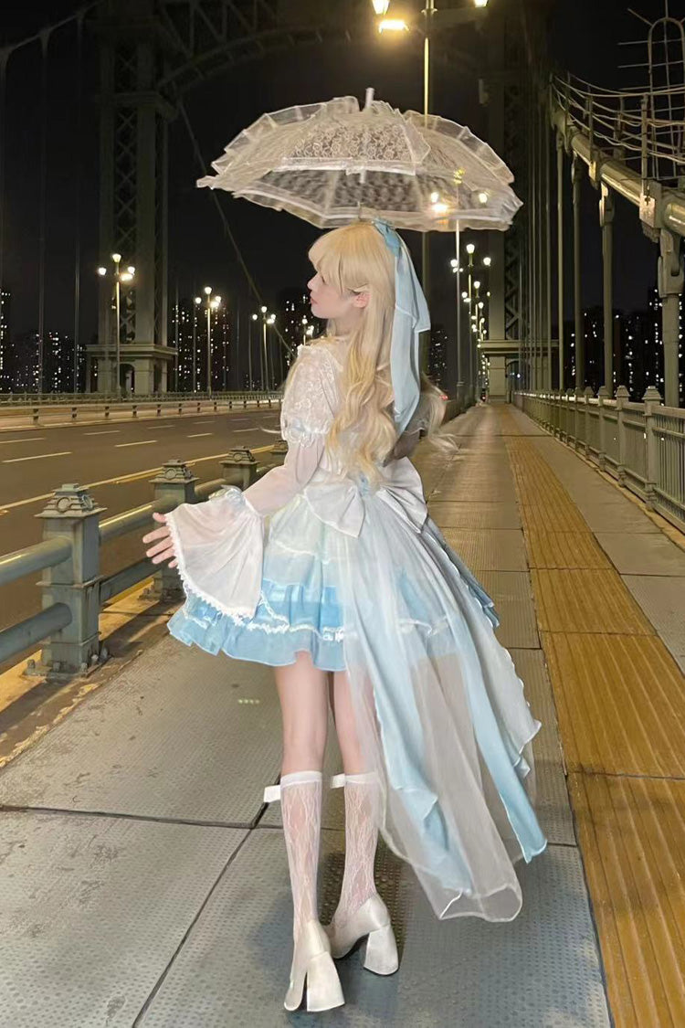 White/Blue Gradient Multi-layer Ruffle Bowknot Lace Sweet Lolita Jsk Dress