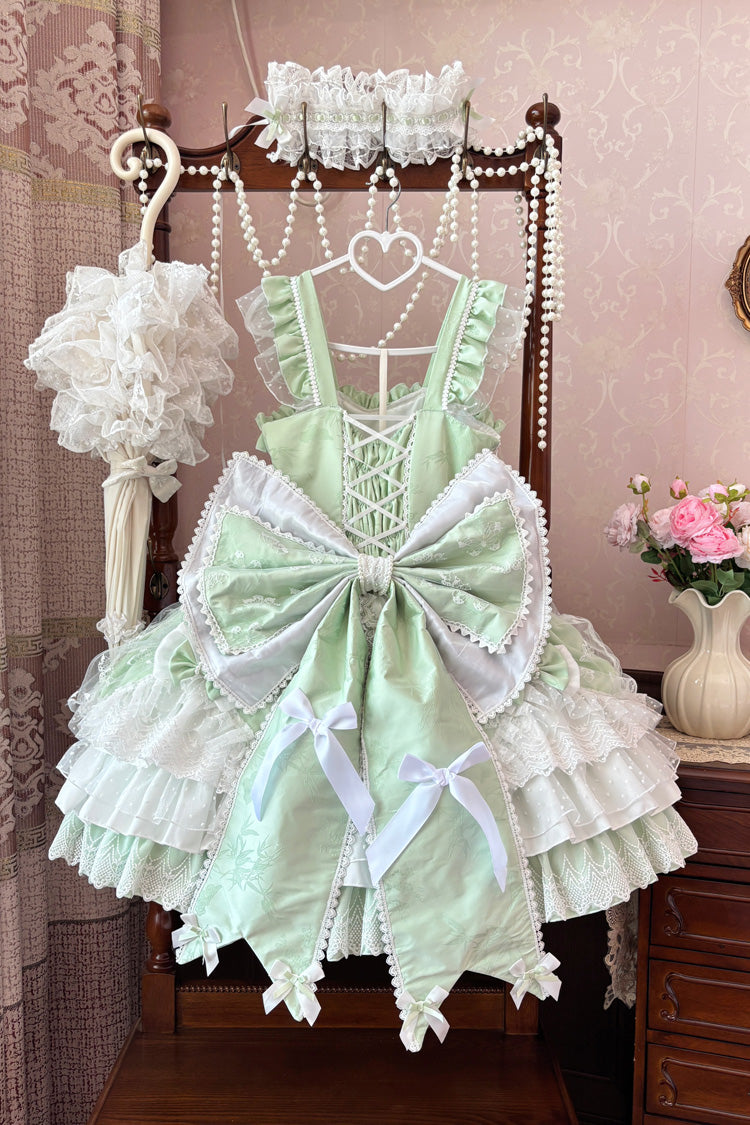 Green Sleeveless Triple-Layered Ruffle Embroidery Bowknot Lace-Up Pearl Sweet Plus Size Lolita Jsk Dress