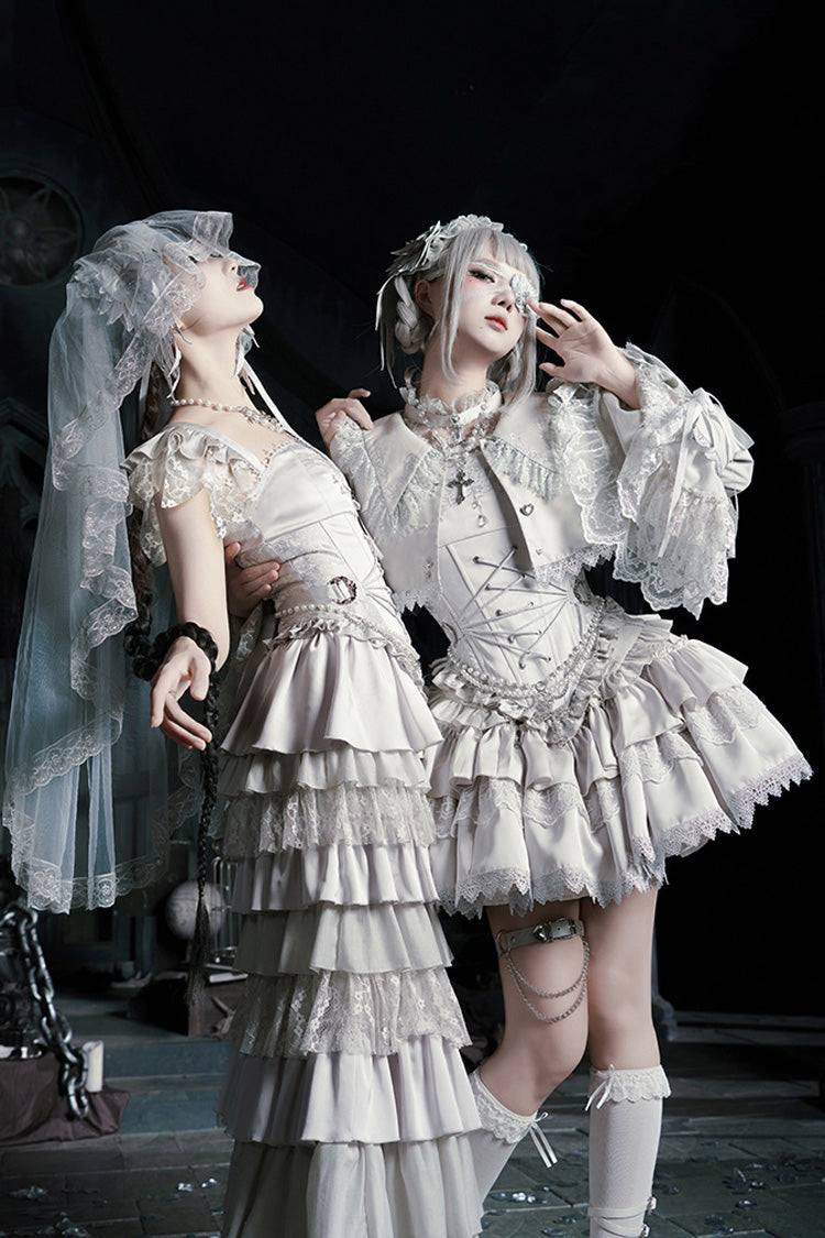 Solid Color Bionic Doll Square Collar Multi-Layered Ruffle Bowknot Lace-Up Gothic Lolita Fishtail Skirt Corset Set