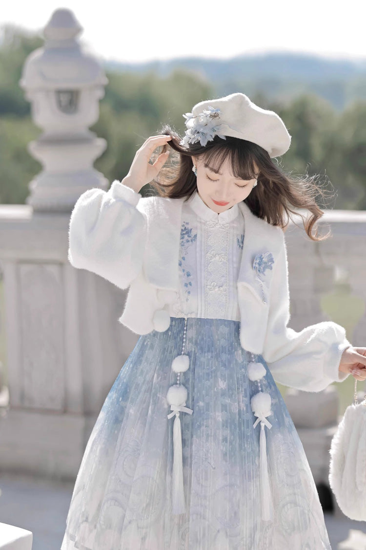 White/Blue Long Sleeves Print Ruffle Chinese Style Princess Sweet Lolita Jsk Dress Set