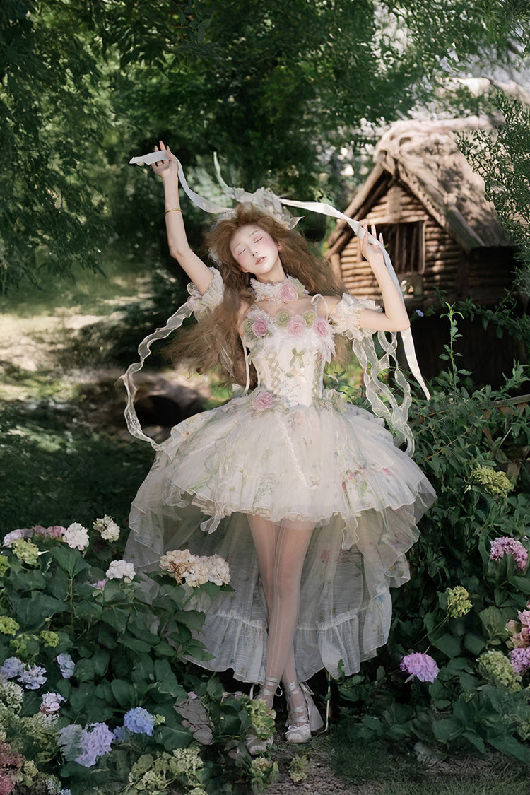 Green Spring Rose Sleeveless Multi-Layered Bowknot Lace-Up Fishbone Sweet Lolita Jsk Dress