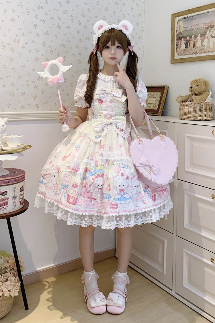 Yellow Cute Rabbit Sweet Cake Print Ruffle Bowknot Lace Sweet Lolita Jsk Dress
