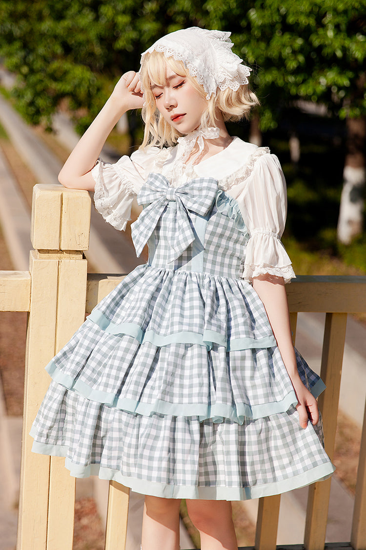 Blue Cloth Cat Triple-Layered Plaid Print Ruffle Bowknot Sweet Lolita Dress 2 Colors