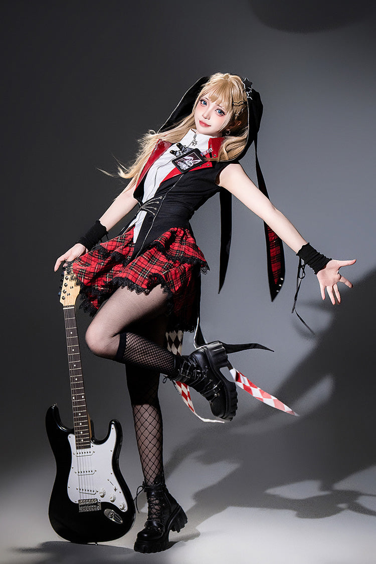 Black/Red Rock Bunny Sleeveless Double-Layered Embroidery Hooded Punk Lolita Skirt Set