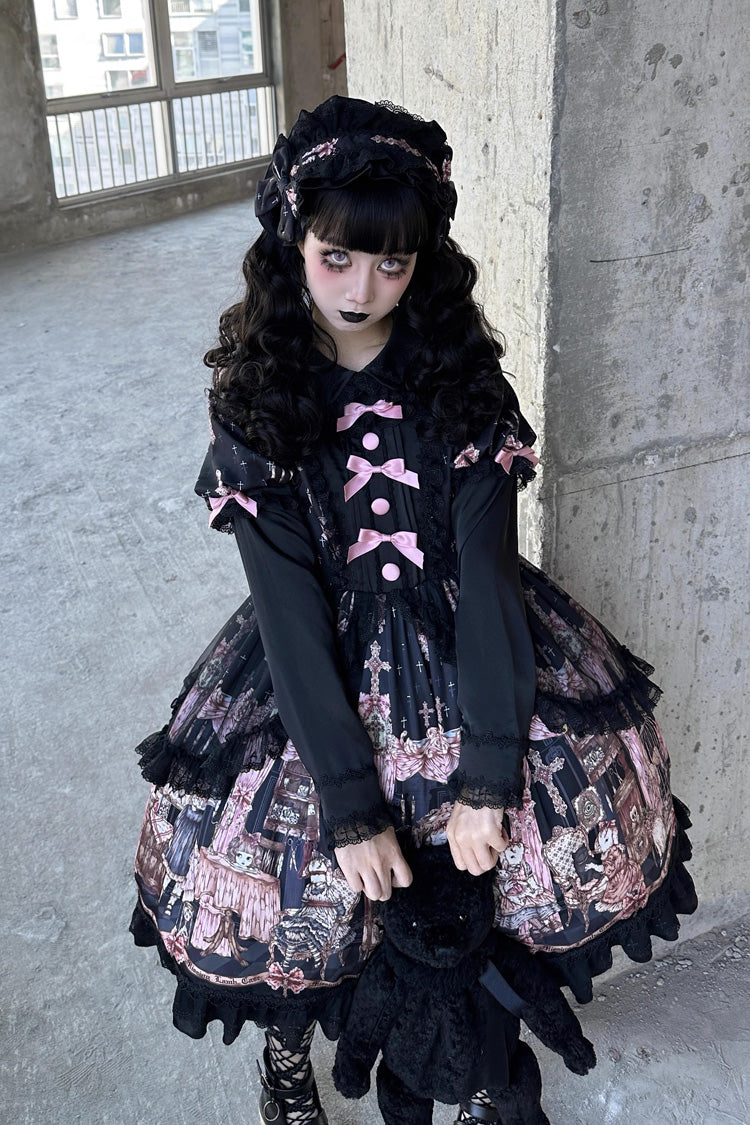 Black The Case of the Missing Lamb Print Long Sleeves Ruffle Bowknot Lace Gothic Lolita Dress