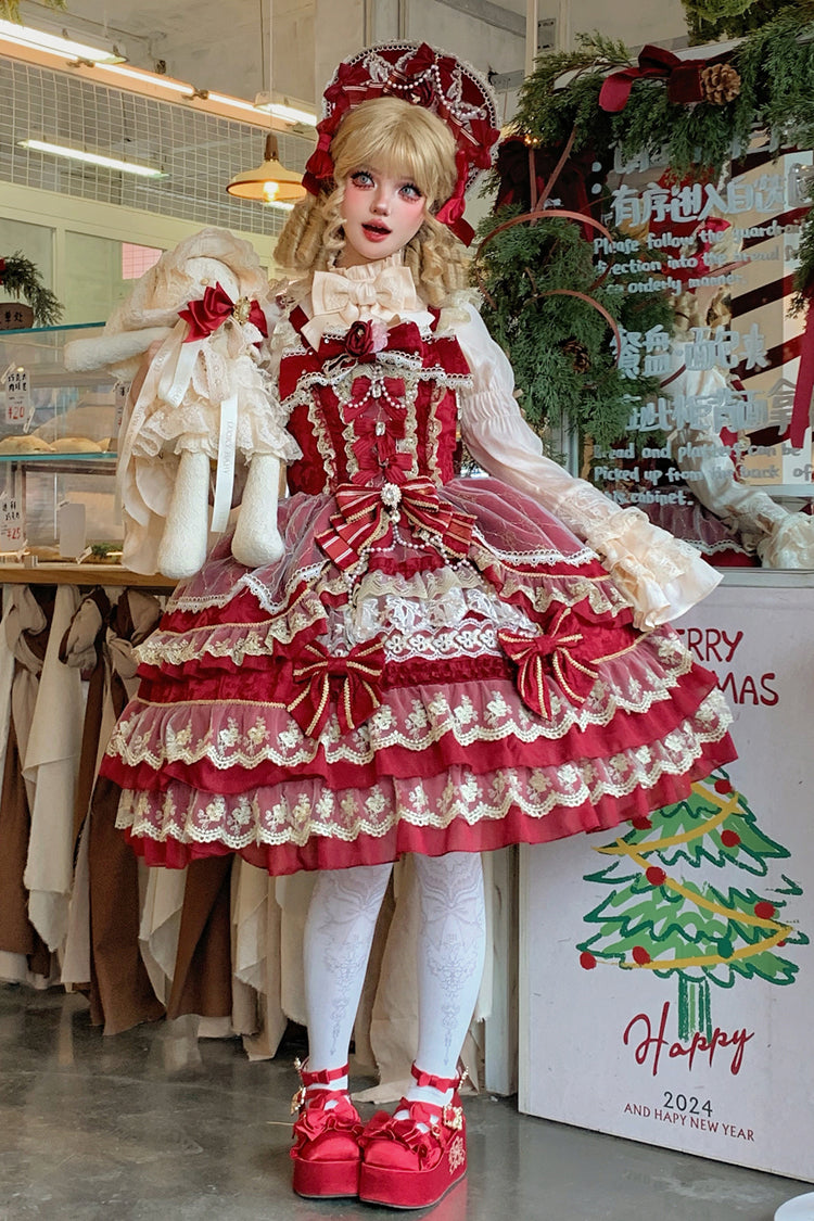Red Crown of Gems Triple-Layered Ruffle Bowknot Lace Sweet Gorgeous Lolita Jsk Dress