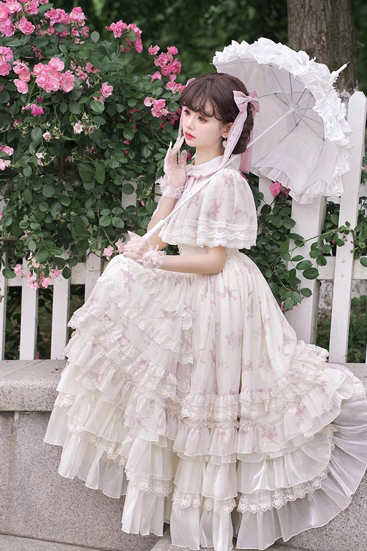 Multi-Color Bellflower Print Ruffle Lace Sweet Princess Lolita Dress