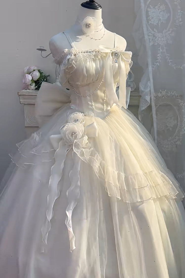 Apricot Bright Stars Off Shoulder Ruffle Bowknot Asymmetric Sweet Elegant Princess Lolita Dress