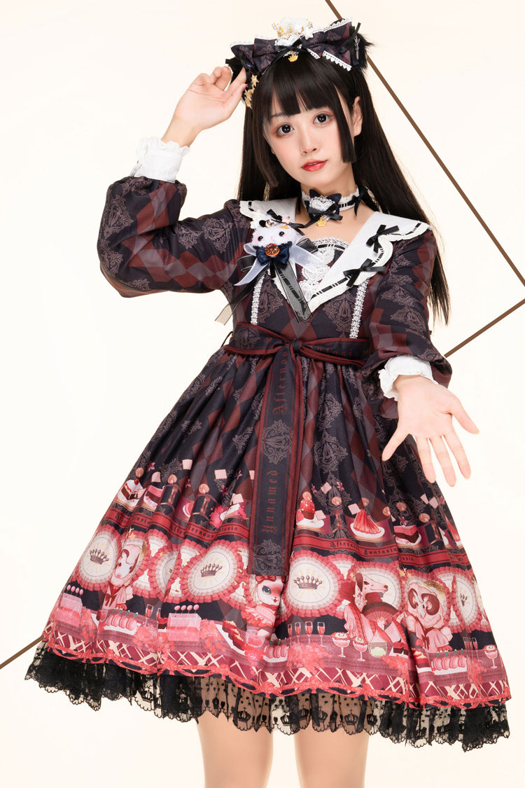 Black Afternoon Fantasia Long Sleeves Print Ruffle Bowknot Sweet Lolita Jsk Dress