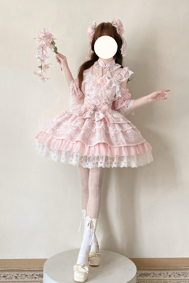 Pink Rain of Peaches Sleeveless Multi-Layered Bowknot Lace Sweet Chinese Style Lolita Jsk Dress
