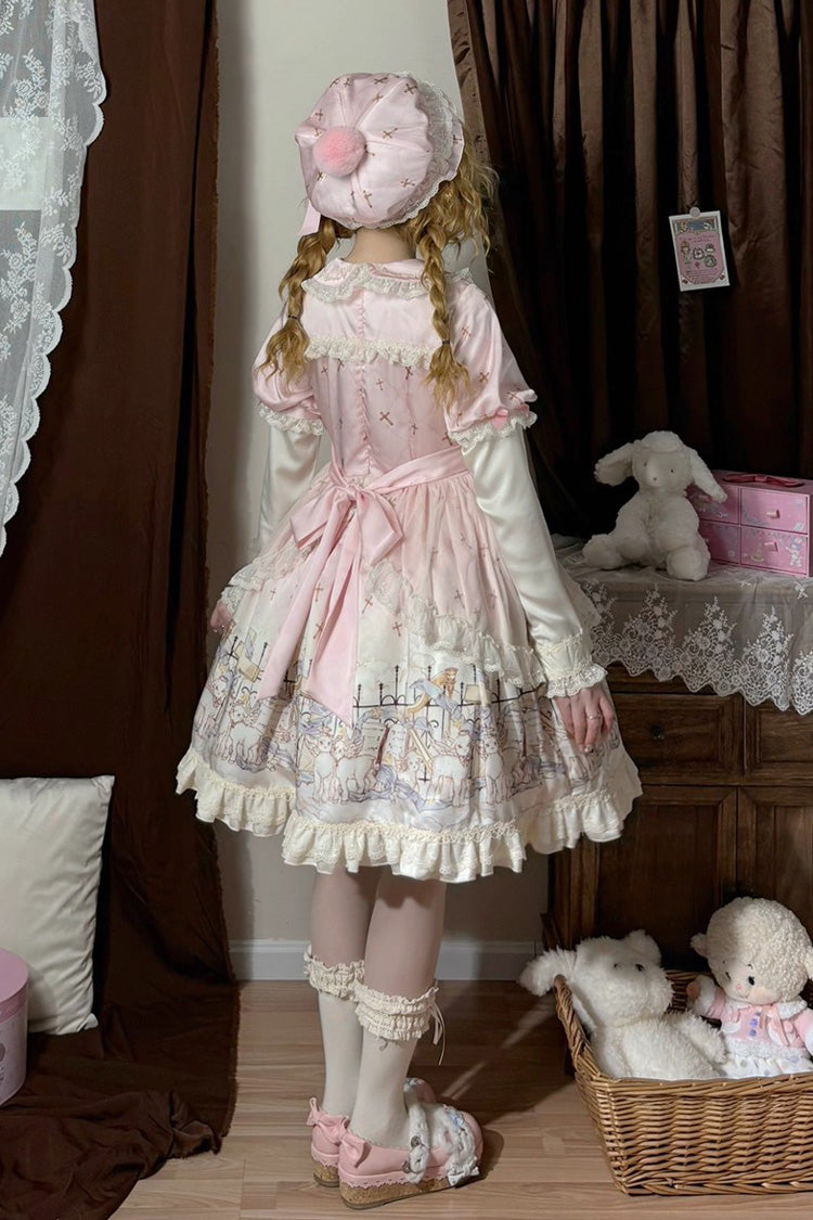 Pink Angel Lamb Lapel Collar Short Sleeves Printed Ruffled Bow Sweet Lolita Dress