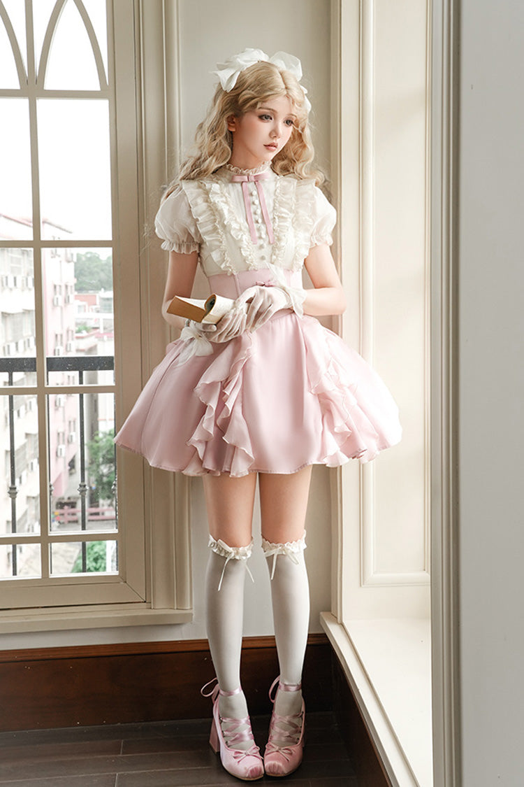 Pink/Apricot Miss Lola Stand Collar Short Sleeves Ruffle Bowknot Sweet Lolita Dress