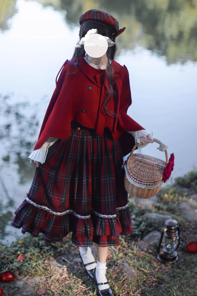 Red Little Red Riding Hood Double-Layered Plaid Print Ruffle Bowknot Sweet Vintage Lolita Jumper Dress