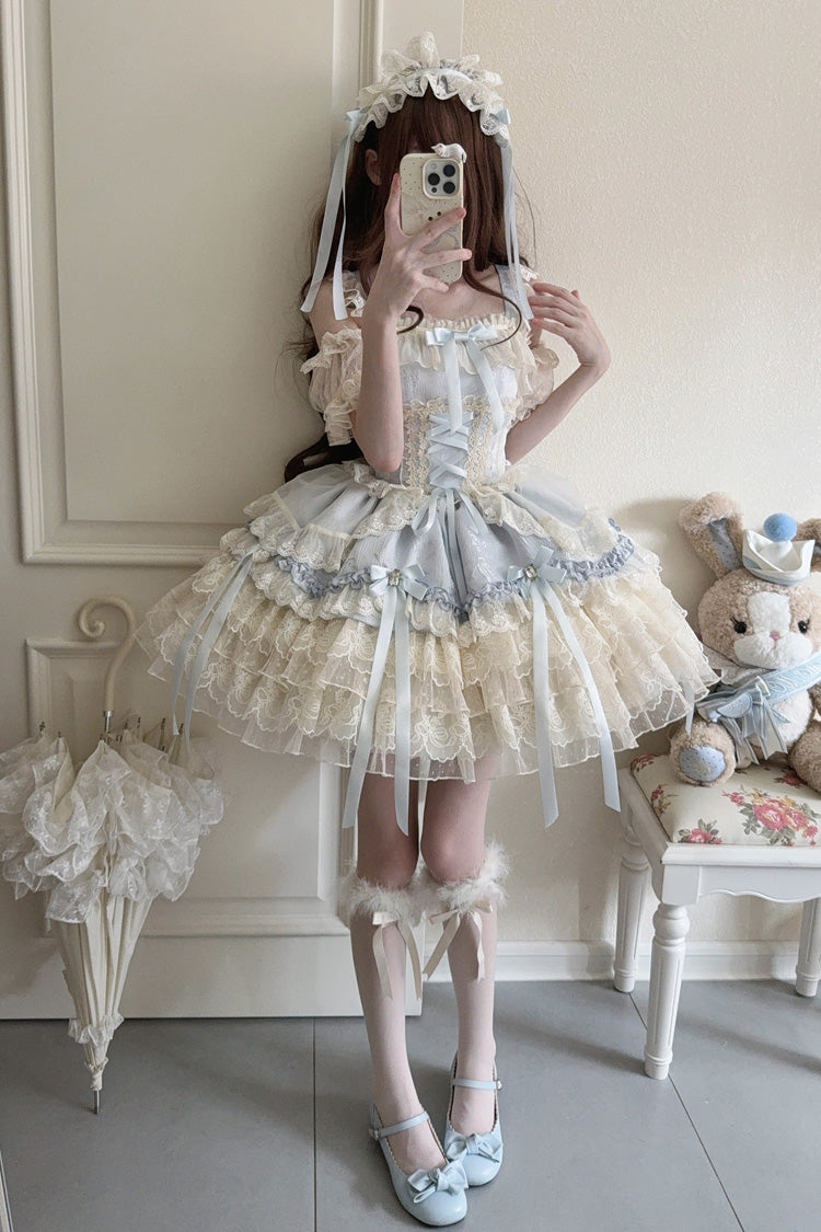 Blue Ribbon Heart Love Sleeveless Multi-Layered Ruffle Bowknot Lace Lace-Up Sweet Princess Ballet Lolita Jsk Dress