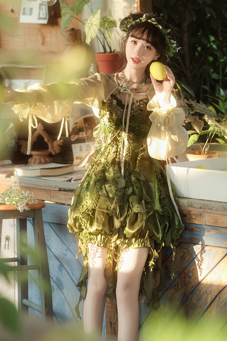 Green Children of the Forest Leaf Decoration Ruffle Irregular Sweet Lolita Jsk Dress Set