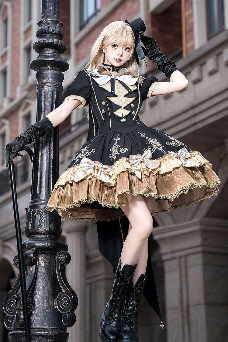 Black Gilded Oath Short Sleeves Double-Layered Ruffle Embroidery Bowknot Gothic Lolita Dress