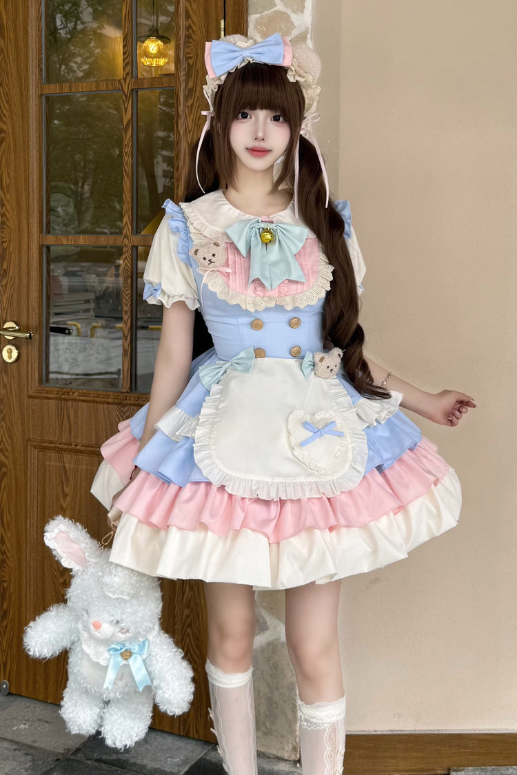 Blue/Pink Cream Puffs Short Puff Sleeves Triple-Layered Ruffle Bowknot Sweet Lolita Dress