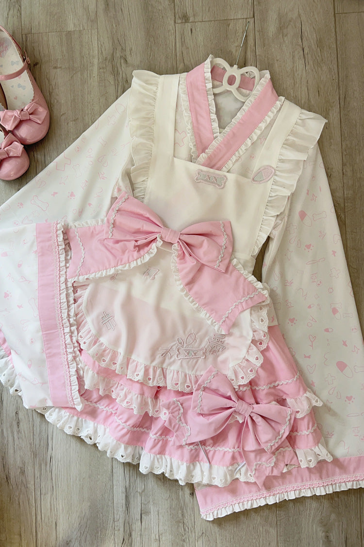 Pink/White Double-Layered Ruffle Bowknot Maid Sweet Lolita Skirt Set