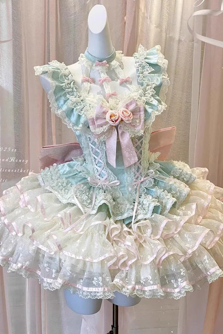 Green Flower Language of Eros Halterneck Multi-Layered Ruffle Bowknot Rose Lace Lace-Up Sweet Ballet Lolita Jsk Dress
