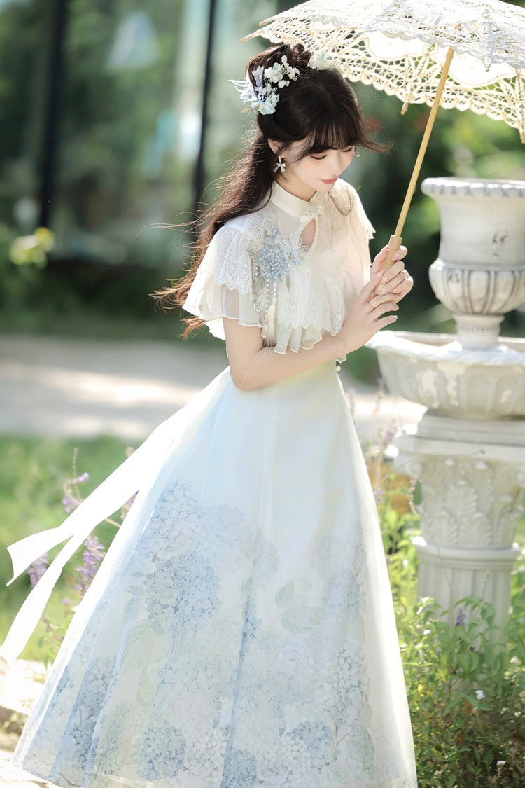 White Hydrangea Message Short Sleeves Print Ruffle Lace Sweet Chinese Style Elegant Lolita Dress
